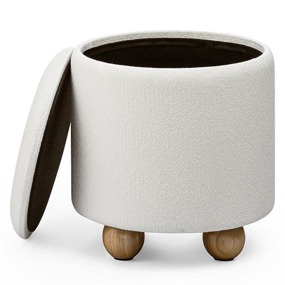 Pouf imbottito Pebble, con spazio di archiviazione, rotondo, bianco