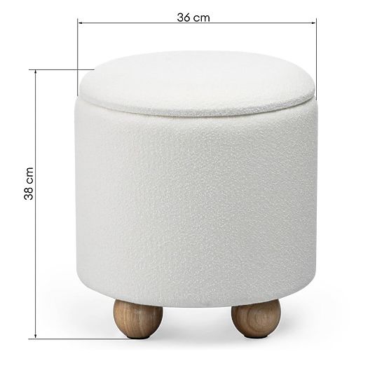 Pouf imbottito Pebble, con spazio di archiviazione, rotondo, bianco