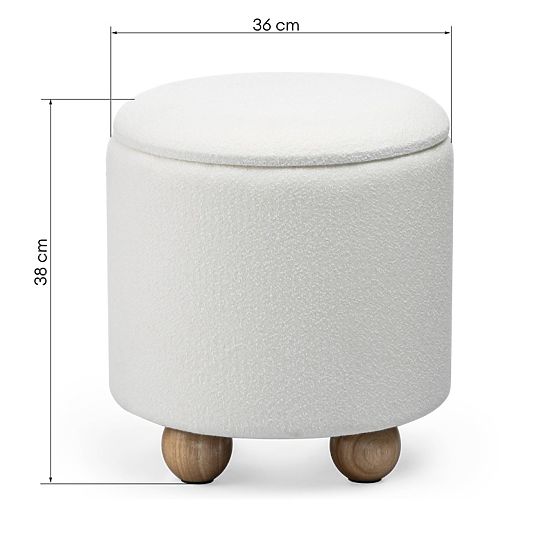 Pouf imbottito Pebble, con spazio di archiviazione, rotondo, bianco