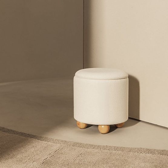 Pouf imbottito Pebble, con spazio di archiviazione, rotondo, bianco