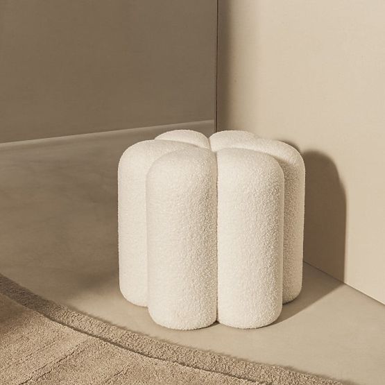 Pouf imbottito Quad, bianco, bouclé