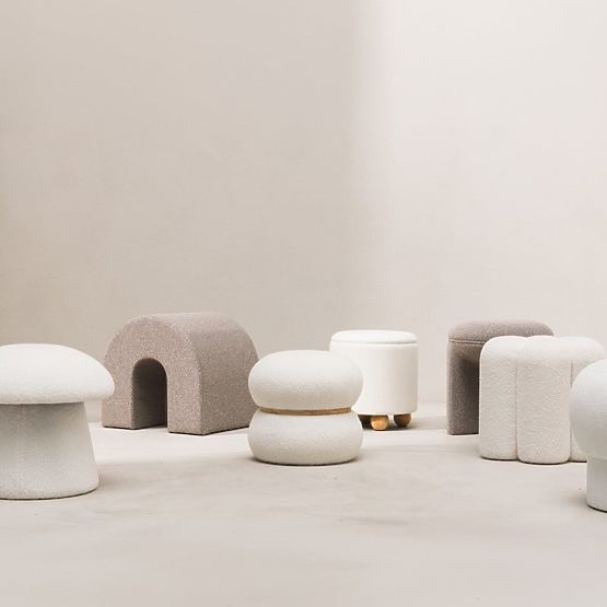 Pouf imbottito Quad, bianco, bouclé