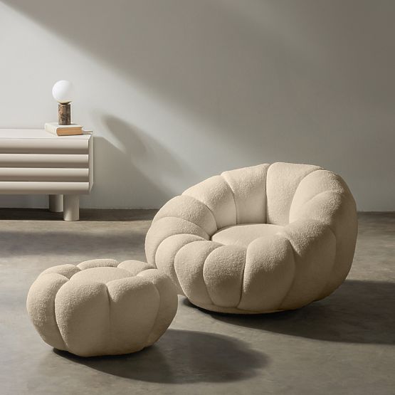 Pouf Perugia, beige, bouclé, forme arrotondate
