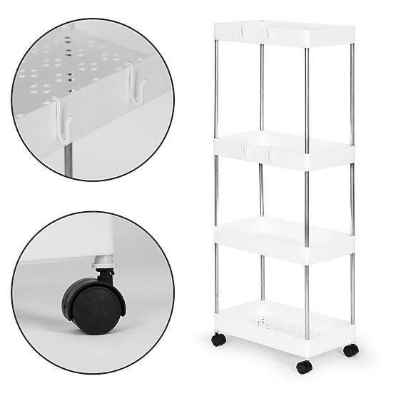 Scaffale da bagno in plastica con 4 ripiani e ruote