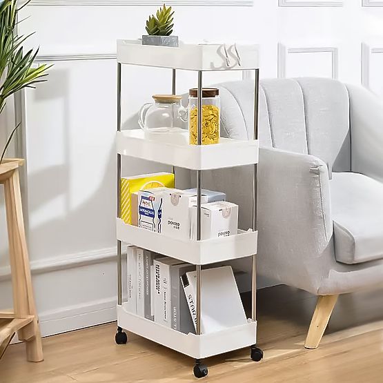 Scaffale da bagno in plastica con 4 ripiani e ruote