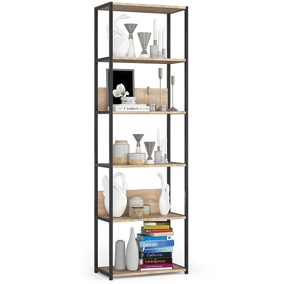 Scaffale loft in metallo 60 cm - nero-rovere sonoma - 6 ripiani
