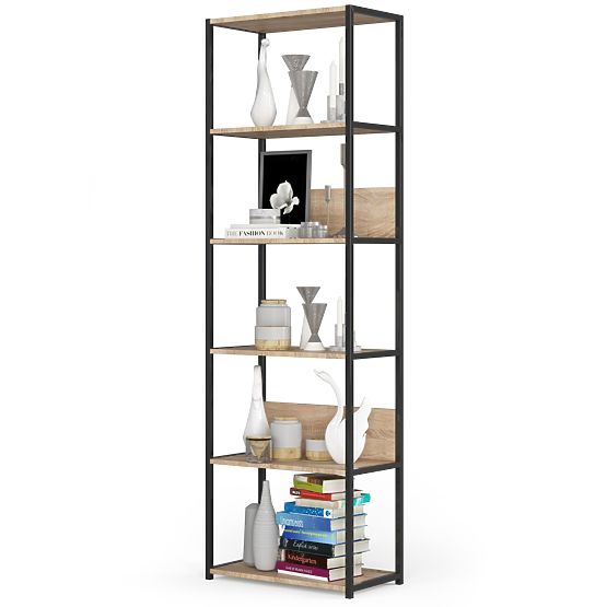 Scaffale loft in metallo 60 cm - nero-rovere sonoma - 6 ripiani