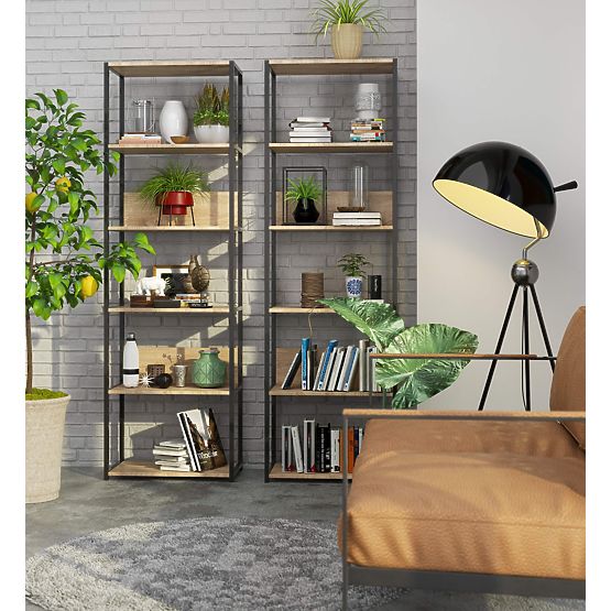 Scaffale loft in metallo 60 cm - nero-rovere sonoma - 6 ripiani