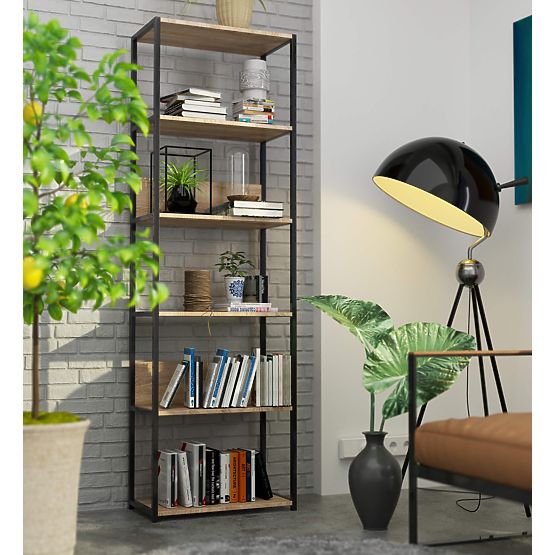 Scaffale loft in metallo 60 cm - nero-rovere sonoma - 6 ripiani