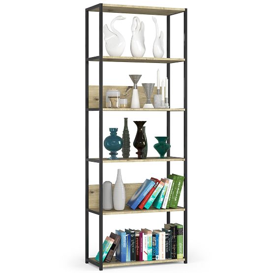 Scaffale loft in metallo 70 cm - nero-rovere artisan - 6 ripiani