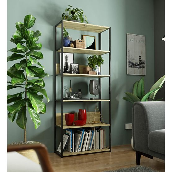 Scaffale loft in metallo 80 cm - nero-rovere artisan - 6 ripiani