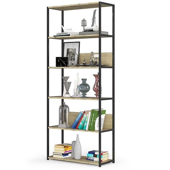 Scaffale loft in metallo 80 cm - nero-rovere artisan - 6 ripiani