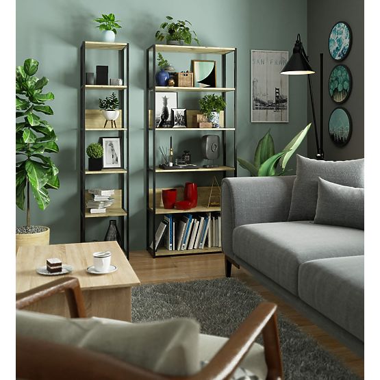 Scaffale loft in metallo 80 cm - nero-rovere artisan - 6 ripiani