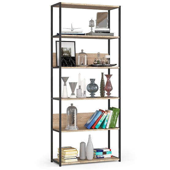 Scaffale loft in metallo 80 cm - nero-rovere sonoma - 6 ripiani