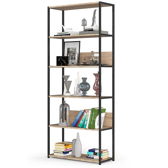 Scaffale loft in metallo 80 cm - nero-rovere sonoma - 6 ripiani