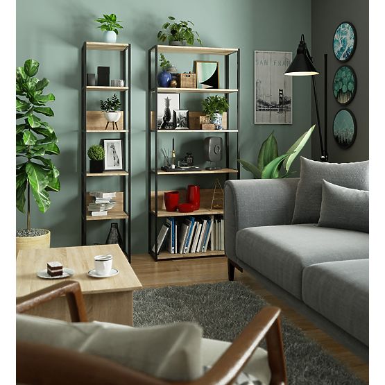 Scaffale loft in metallo 80 cm - nero-rovere sonoma - 6 ripiani