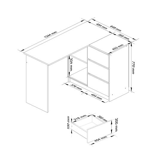 SCRIVANIA ANGOLARE B16 124 cm DESTRA 3 CASSETTI PK BIANCA