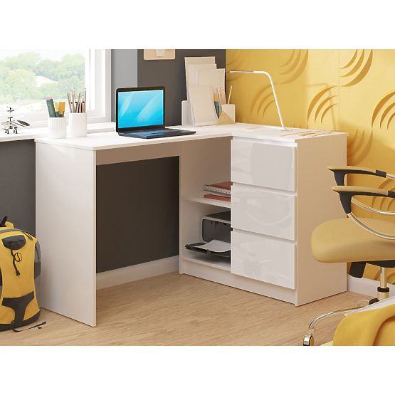 SCRIVANIA ANGOLARE B16 124 cm DESTRA 3 CASSETTI PK BIANCO / BIANCO LUCIDO