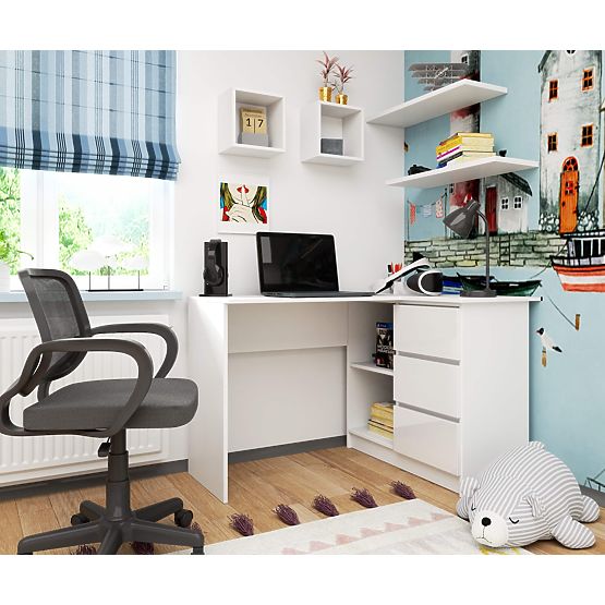 SCRIVANIA ANGOLARE B16 124 cm DESTRA 3 CASSETTI PK BIANCO / BIANCO LUCIDO