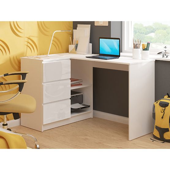 SCRIVANIA ANGOLARE B16 124 cm SINISTRA 3 CASSETTI PK BIANCO / BIANCO LUCIDO