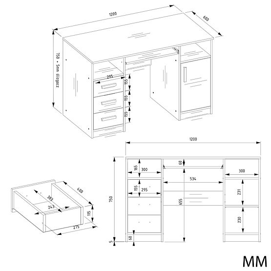 SCRIVANIA DELTA BIANCA 120 cm 3 Cassetti Armadietto Ripiano per Ufficio Stanza per Laptop