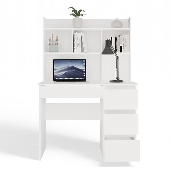 Scrivania MIJAS Destra con Sopralzo Bianco Opaco 4 Cassetti 4 Scaffali per Ufficio Camera