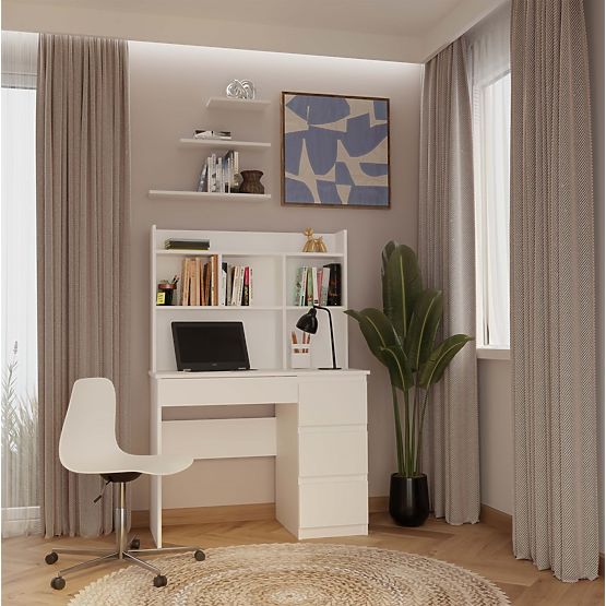 Scrivania MIJAS Destra con Sopralzo Bianco Opaco 4 Cassetti 4 Scaffali per Ufficio Camera