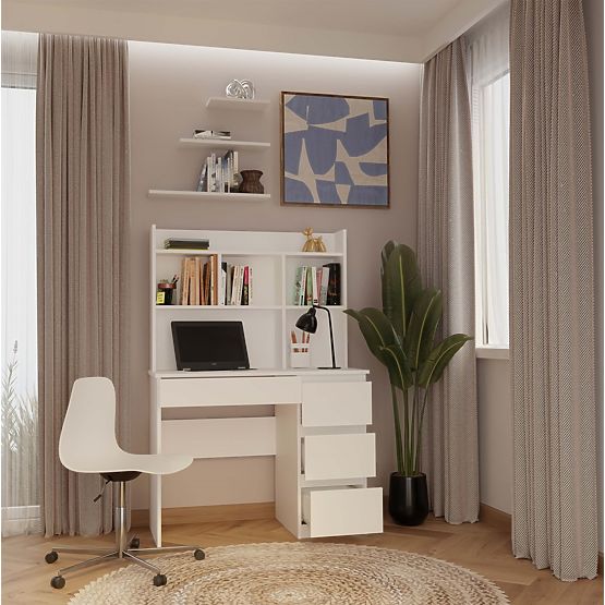 Scrivania MIJAS Destra con Sopralzo Bianco Opaco 4 Cassetti 4 Scaffali per Ufficio Camera