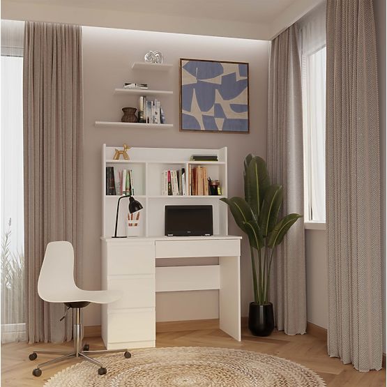 Scrivania MIJAS Sinistra con Sopralzo Bianco Opaco 4 Cassetti 4 Ripiani per Ufficio e Camera