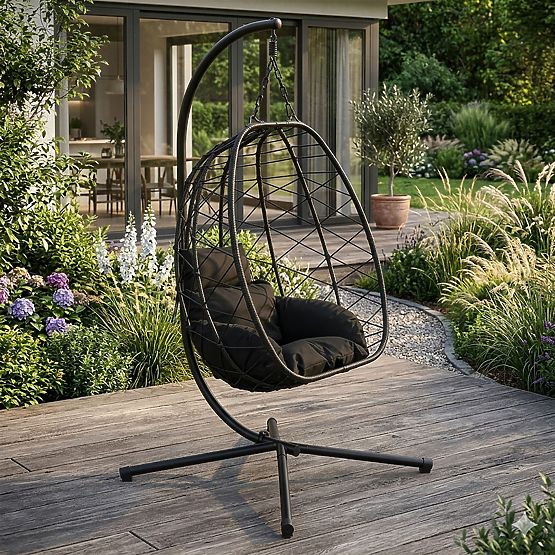 Sedia a dondolo sospesa da giardino a uovo, autoportante, fino a 120 kg, cuscini neri MultiGarden