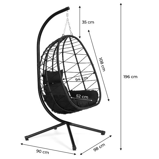 Sedia a dondolo sospesa da giardino a uovo, autoportante, fino a 120 kg, cuscini neri MultiGarden