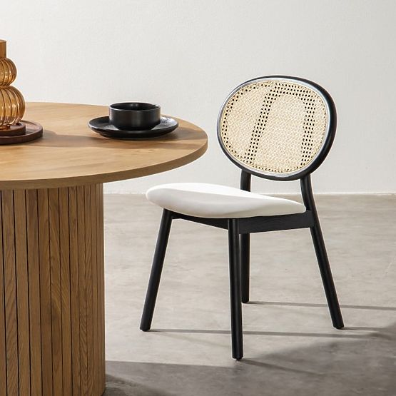 Sedia in legno Monet con intreccio viennese, rattan, velluto, nero/ecru