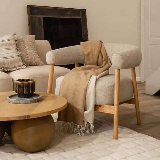 Sedia/poltrona imbottita Montepulciano, beige chiaro/legno di quercia, arrotondata