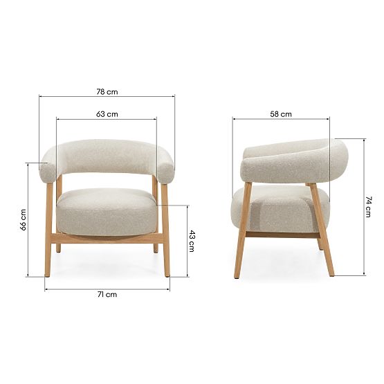 Sedia/poltrona imbottita Montepulciano, beige chiaro/legno di quercia, arrotondata