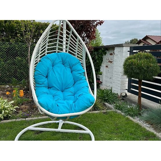 Sedia sospesa BELLISSIMO (sedia + telaio) in technorattan bianco con cuscino blu, rivestimento GRA