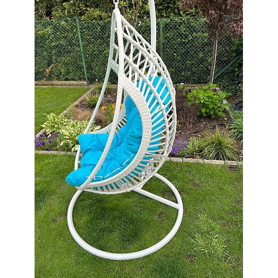 Sedia sospesa BELLISSIMO (sedia + telaio) in technorattan bianco con cuscino blu, rivestimento GRA