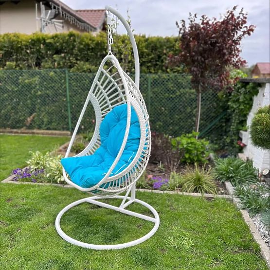 Sedia sospesa BELLISSIMO (sedia + telaio) in technorattan bianco con cuscino blu, rivestimento GRA