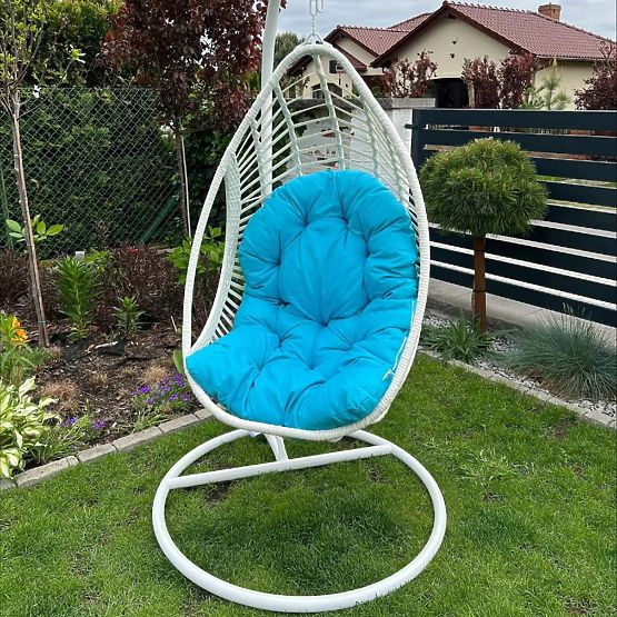 Sedia sospesa BELLISSIMO (sedia + telaio) in technorattan bianco con cuscino blu, rivestimento GRA