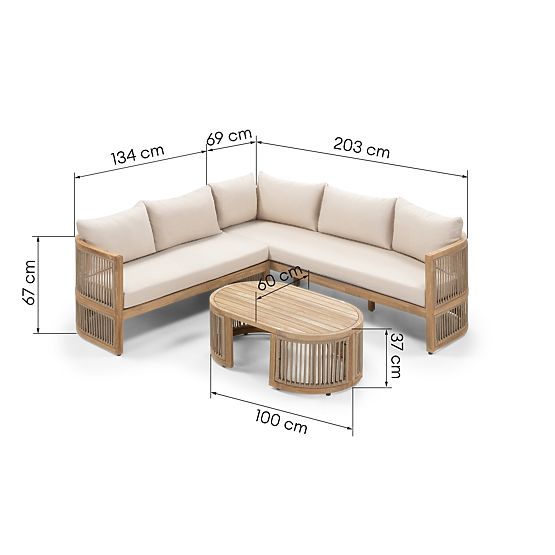 Set angolare da giardino con tavolino Vetralla, intreccio, legno di acacia FSC, aspetto teak, beige 