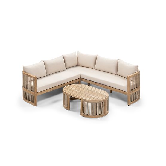 Set angolare da giardino con tavolino Vetralla, intreccio, legno di acacia FSC, aspetto teak, beige 