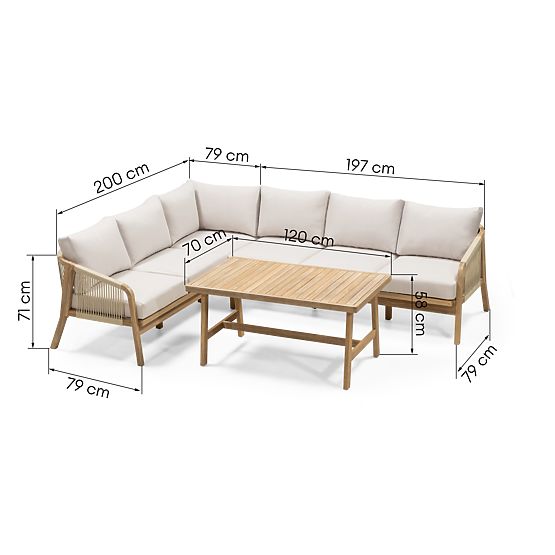 Set angolare da giardino con tavolo Castello, intreccio, legno di acacia FSC, effetto teak, beige
