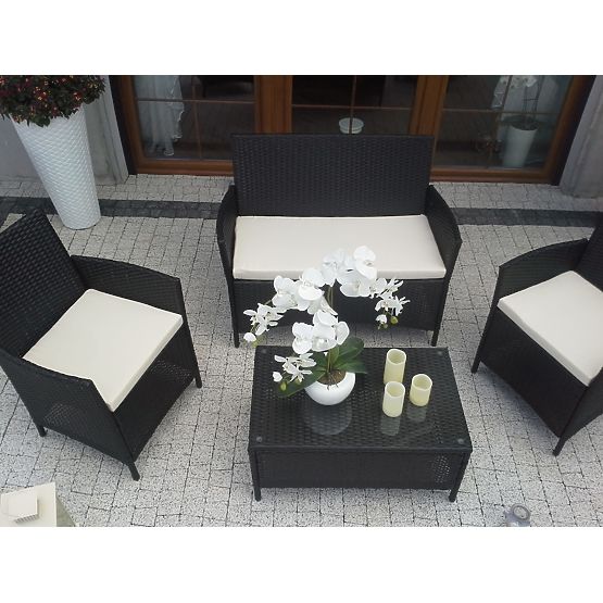 Set da balcone in rattan sintetico (Divano + 2 x poltrona + tavolino) COMODO nero