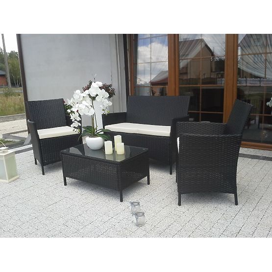 Set da balcone in rattan sintetico (Divano + 2 x poltrona + tavolino) COMODO nero