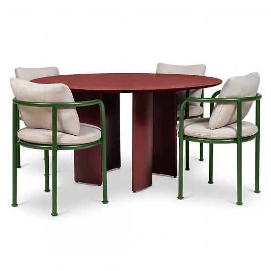 Set da giardino Amarello, tavolo rotondo 140 cm + 4 sedie, alluminio, verde/marrone bordeaux