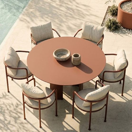 Set da giardino Amarello, tavolo rotondo 140 cm + 6 sedie, alluminio, marrone bordeaux