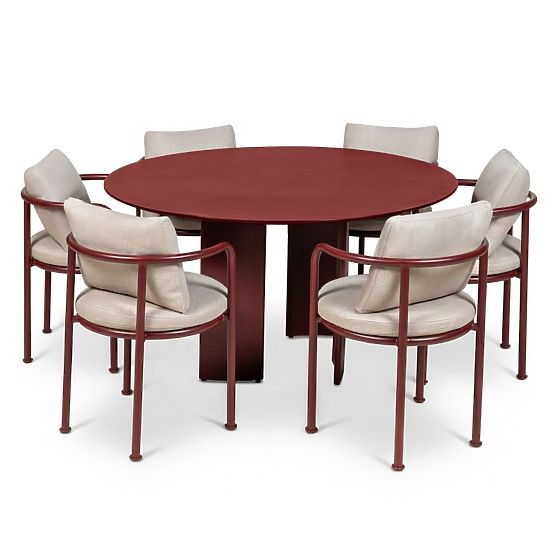 Set da giardino Amarello, tavolo rotondo 140 cm + 6 sedie, alluminio, marrone bordeaux