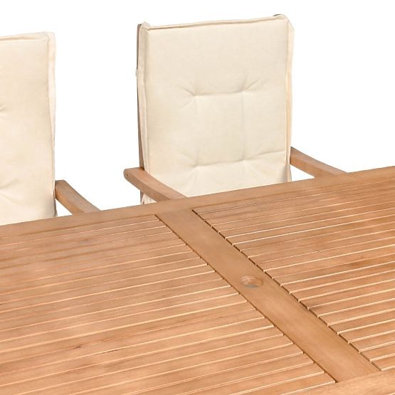 Set da giardino Familis tavolo 160 cm + 4 sedie con schienali regolabili e cuscini crema, legno