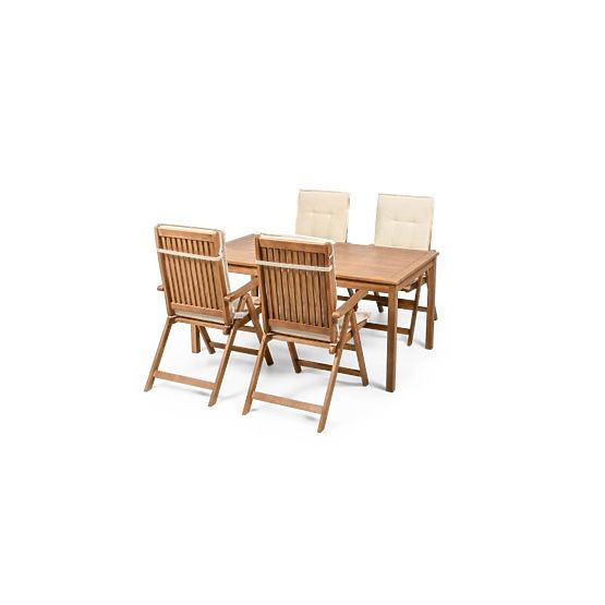 Set da giardino Familis tavolo 160 cm + 4 sedie con schienali regolabili e cuscini crema, legno