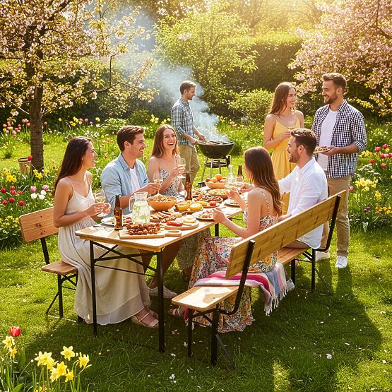 Set da giardino in acciaio e legno PORTER tavolo 170 cm + 2 panche