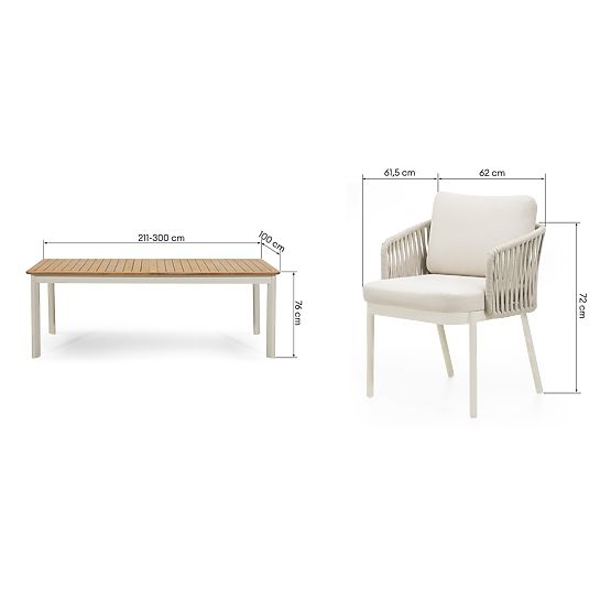 Set da giardino Porticato, tavolo allungabile 211-300 cm + 8 sedie, legno di acacia FSC, aspetto tea